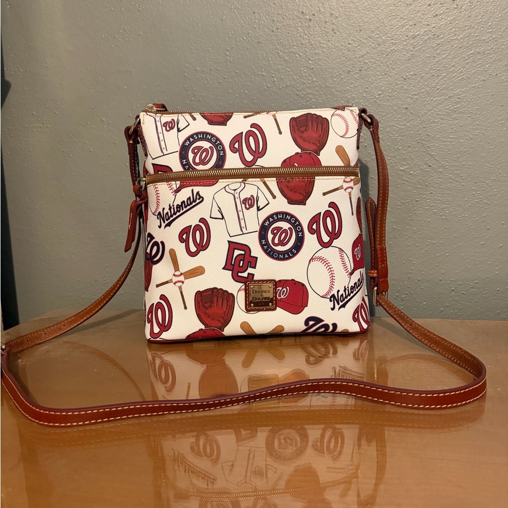 Dooney & Bourke White Washington Nationals Patterned Crossbody with Brown Trim